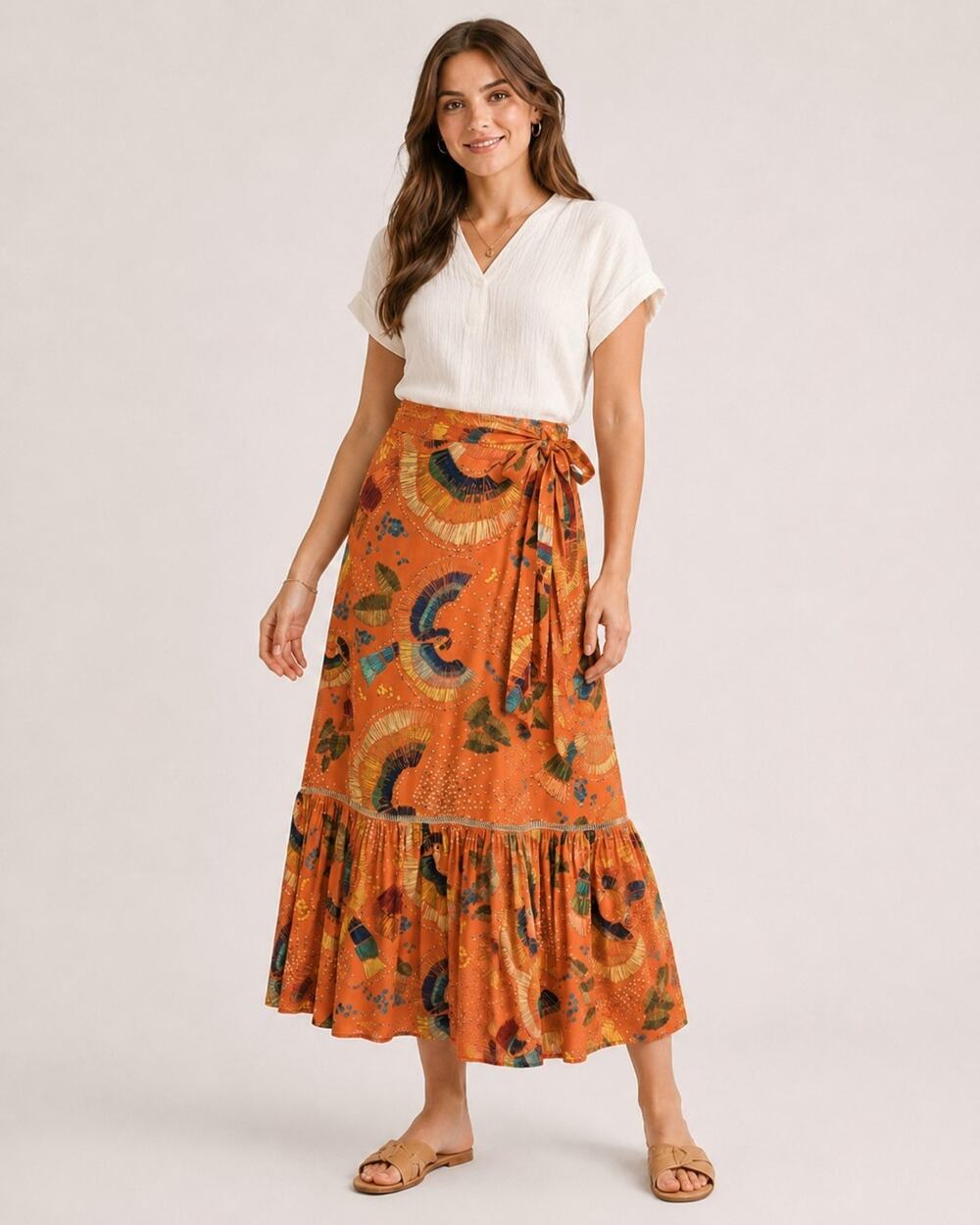 Farm Rio Anthropologie Luisina Orange Floral Wrap Midi Skirt Medium